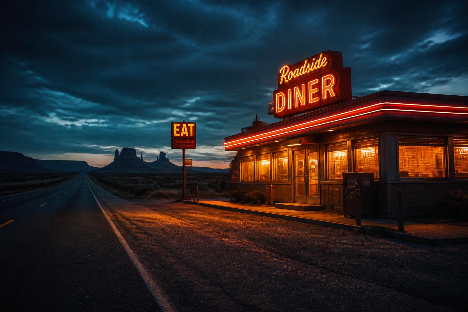 Neon-lit highway diner at dusk along an open desert road